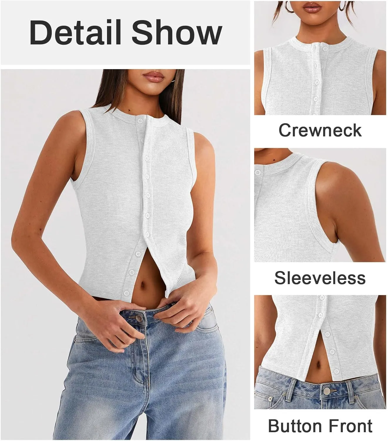 Womens Button Down Tank Top Sleeveless Ribbed Fitted Vest Casual Crewneck Trendy Y2K Going Out Crop Knit Vest Top