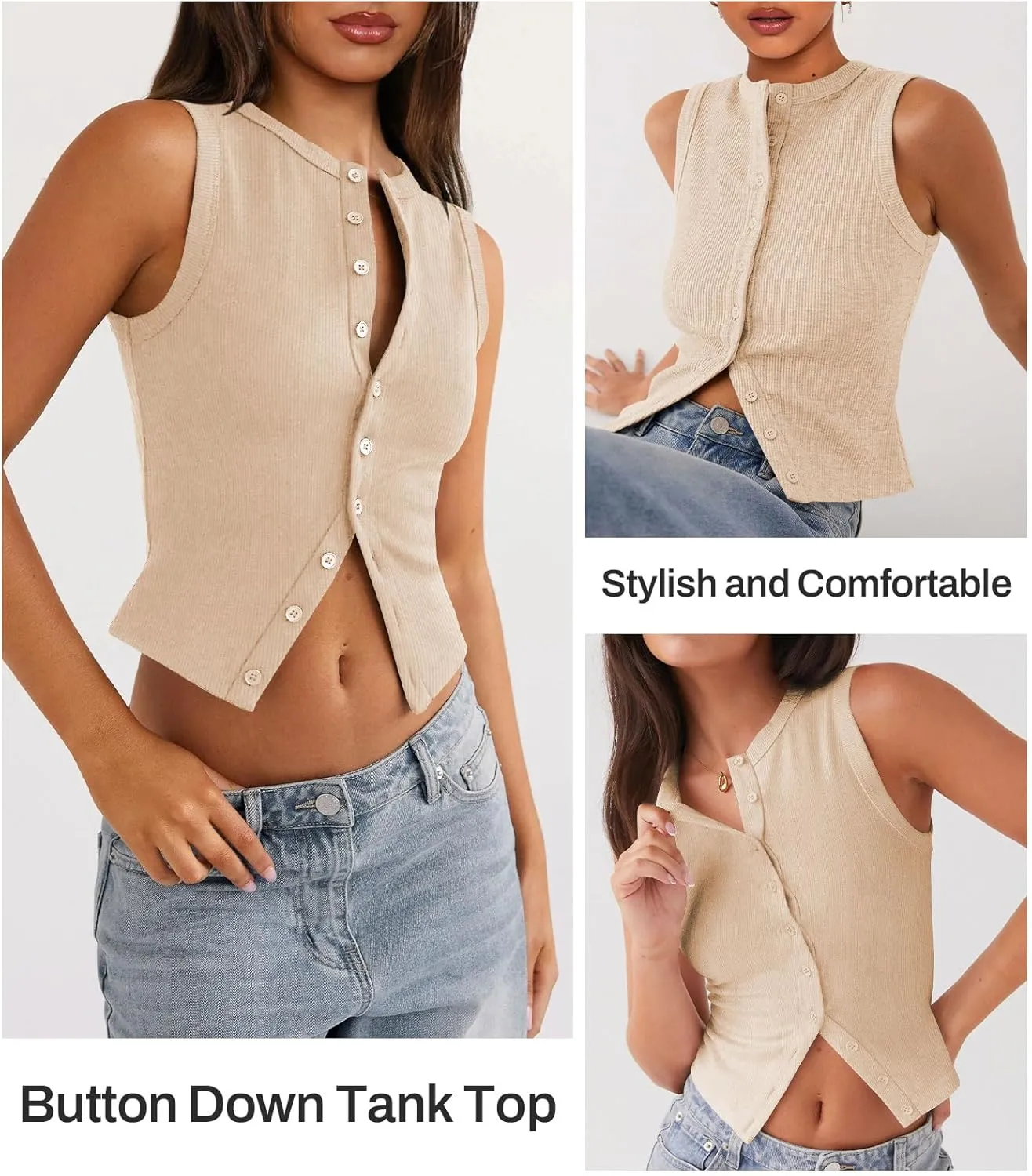 Womens Button Down Tank Top Sleeveless Ribbed Fitted Vest Casual Crewneck Trendy Y2K Going Out Crop Knit Vest Top
