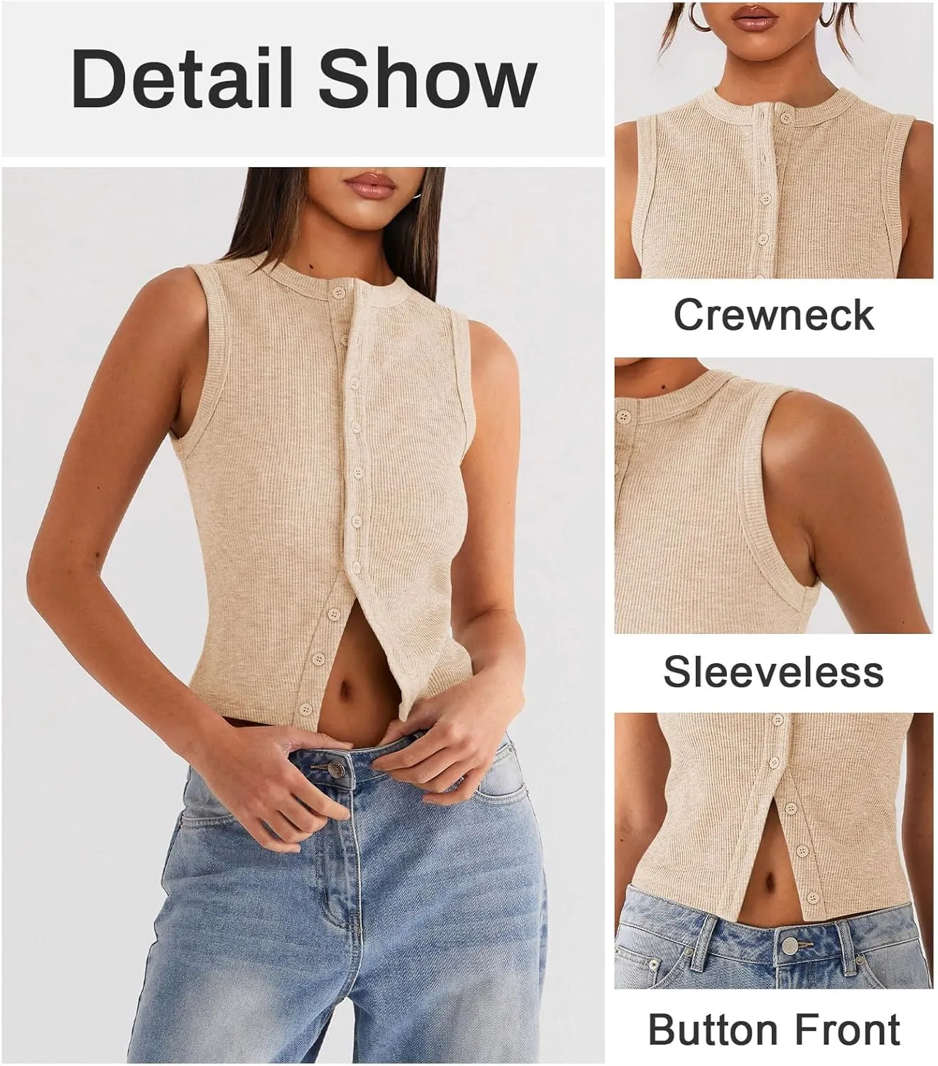 Womens Button Down Tank Top Sleeveless Ribbed Fitted Vest Casual Crewneck Trendy Y2K Going Out Crop Knit Vest Top