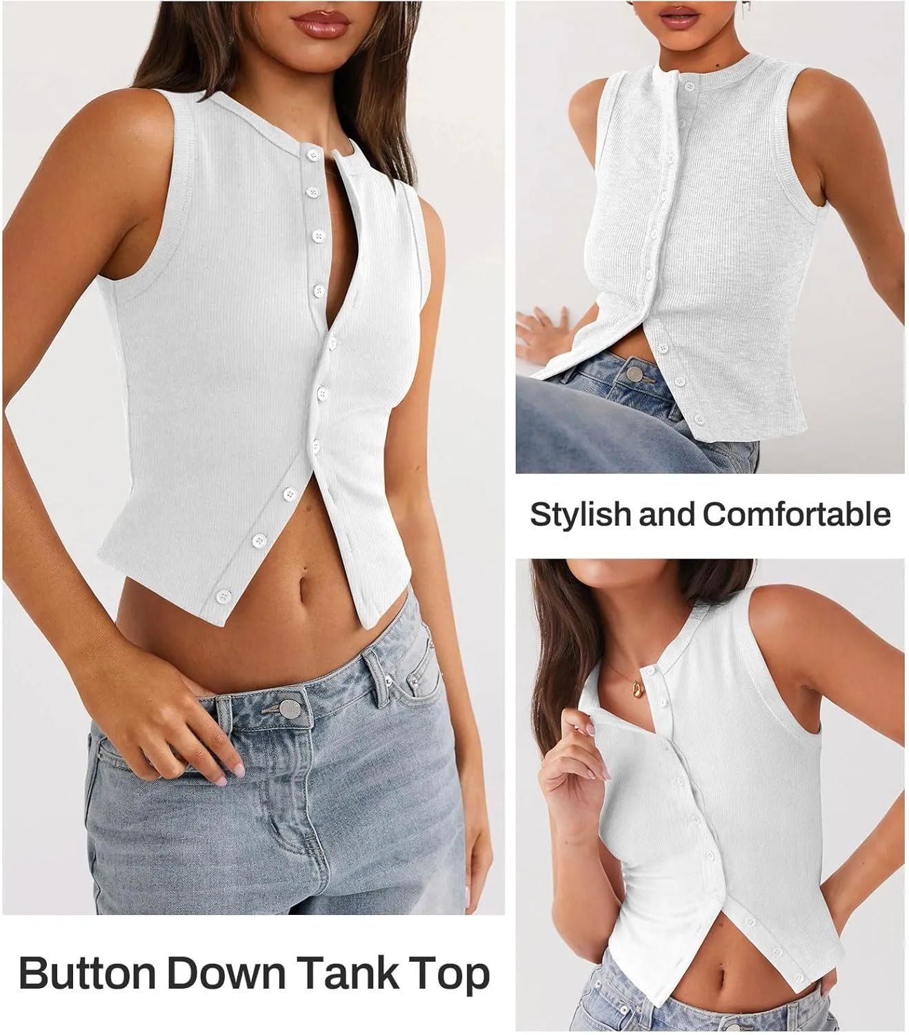 Womens Button Down Tank Top Sleeveless Ribbed Fitted Vest Casual Crewneck Trendy Y2K Going Out Crop Knit Vest Top