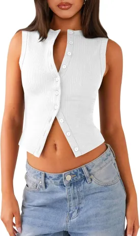 Womens Button Down Tank Top Sleeveless Ribbed Fitted Vest Casual Crewneck Trendy Y2K Going Out Crop Knit Vest Top