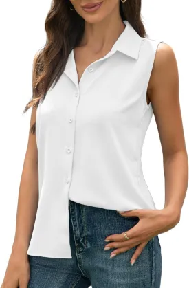 Womens Sleeveless Button Down Shirts Casual Collared Tank Top V Neck Summer Blouses Work Office Chiffon Tops