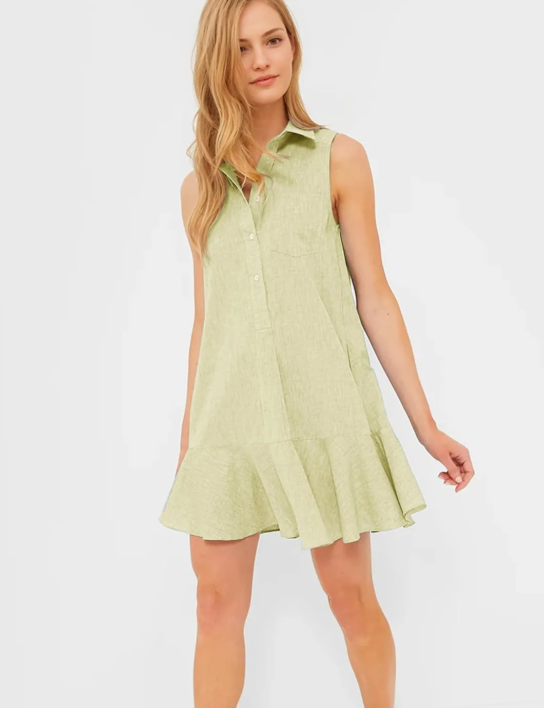 Women's Sleeveless Shirt Dress Summer Collared Button Down Ruffle Hem Tank Mini Dress