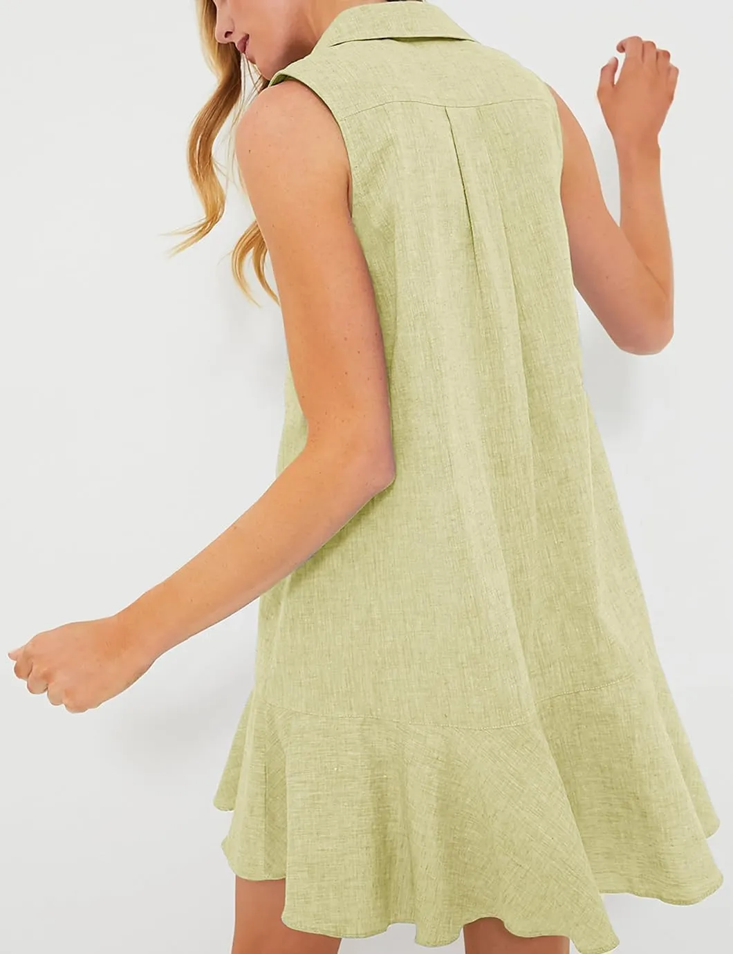 Women's Sleeveless Shirt Dress Summer Collared Button Down Ruffle Hem Tank Mini Dress