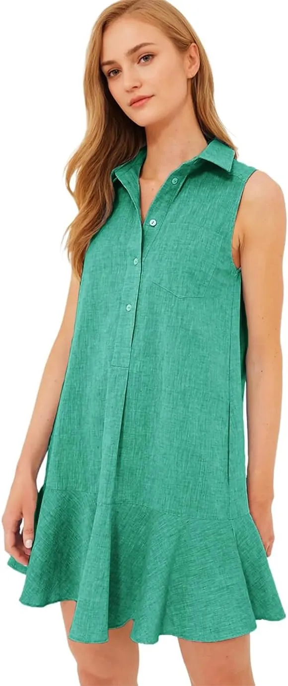 Women's Sleeveless Shirt Dress Summer Collared Button Down Ruffle Hem Tank Mini Dress