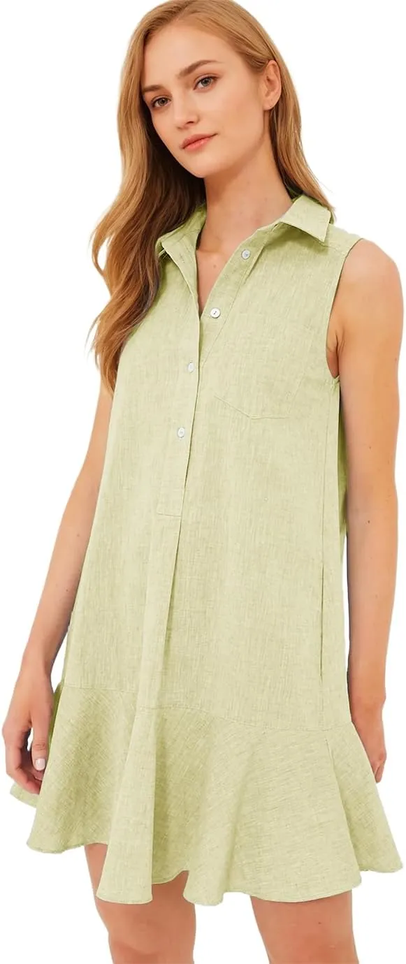 Women's Sleeveless Shirt Dress Summer Collared Button Down Ruffle Hem Tank Mini Dress