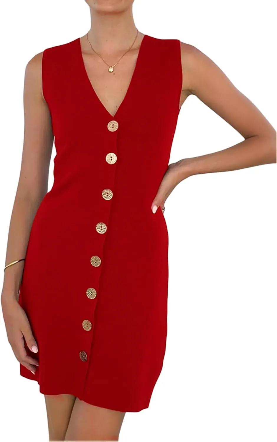 Women's Summer Business Casual Knit Dress V-Neck Work Office Outfits Formal Button Down Tank Dresses