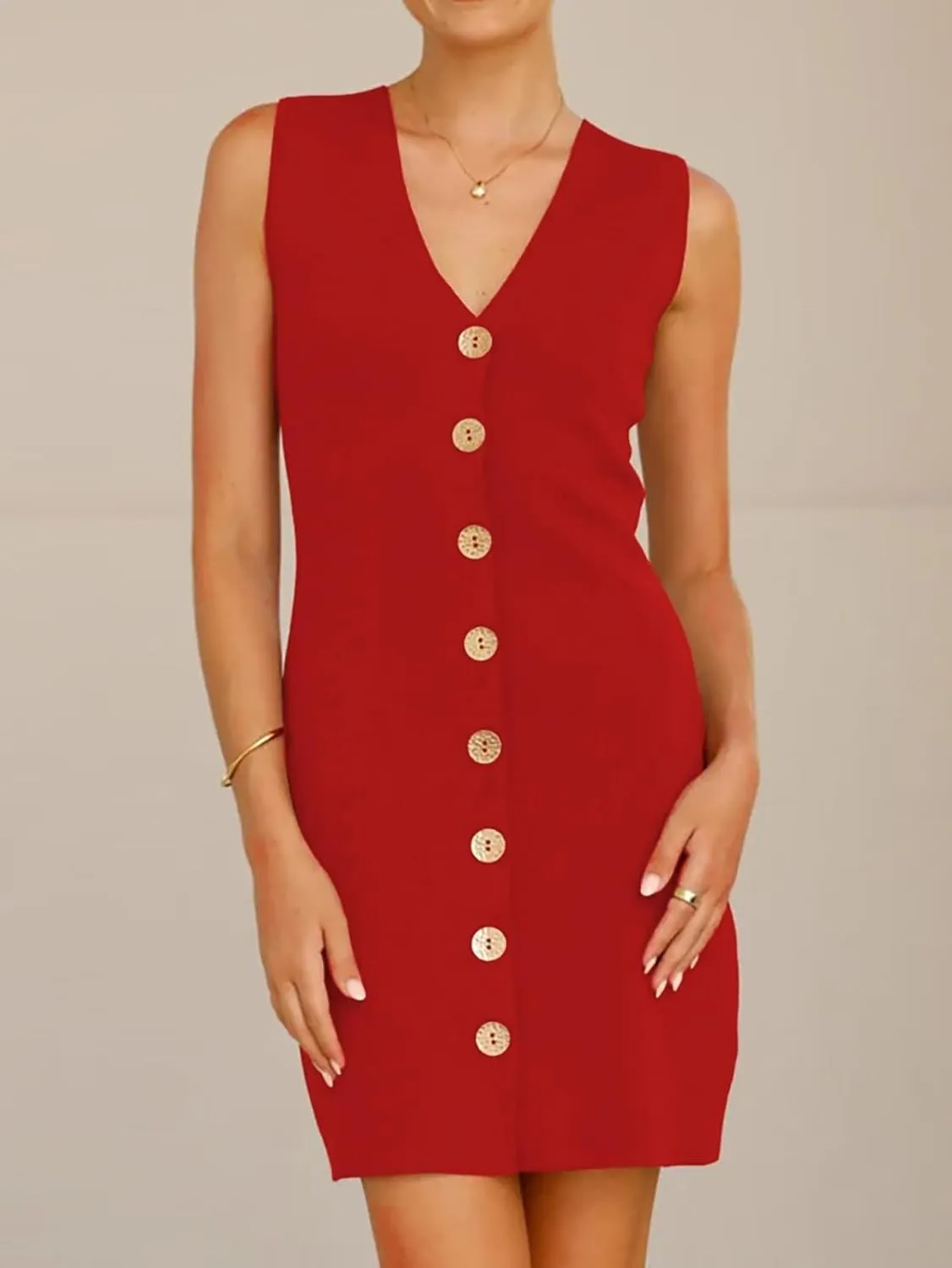 Women's Summer Business Casual Knit Dress V-Neck Work Office Outfits Formal Button Down Tank Dresses