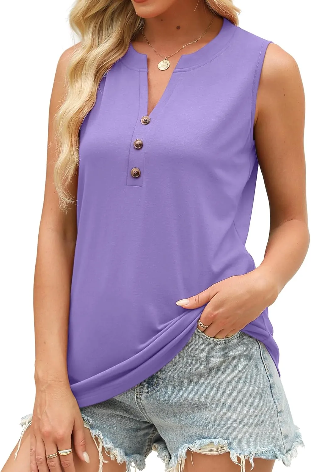 Womens Summer Tank Top V Neck Sleeveless Tops Button Shirts Loose Fit Basic Clothes