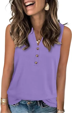 Womens Summer Tank Top V Neck Sleeveless Tops Button Shirts Loose Fit Basic Clothes