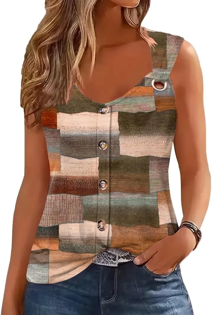 Womens Summer Tops Scoop Neck O Ring Shoulder Tank Tops Casual Sleeveless Button Front T Shirt Blouse