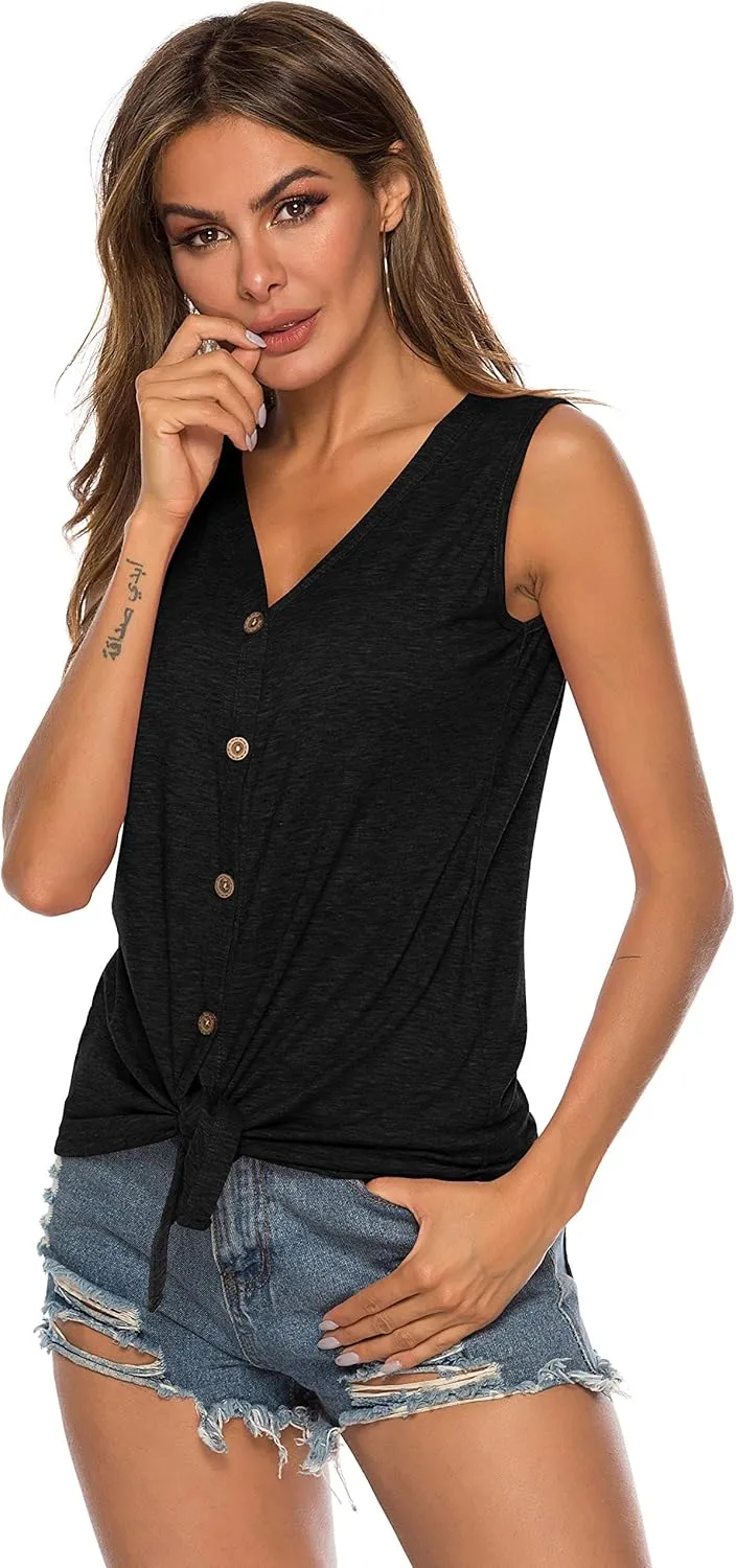 Women's Tie Knot Button Down Shirts Sleeveless Casual Blouse Curved Hemline Tops S-XXL
