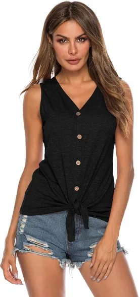 Women's Tie Knot Button Down Shirts Sleeveless Casual Blouse Curved Hemline Tops S-XXL