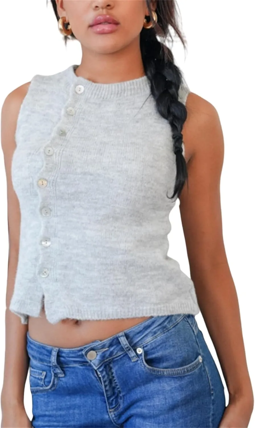 Y2k Girls Summer Knitted Vest Women Knitted Sweater Vest Sleeveless Button Down Ribbed Knit Cardigan Tank Top