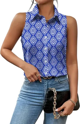 Zeagoo Sleeveless Blouses for Women Summer Casual Button Down Shirts Flower Tank Tops Fashion